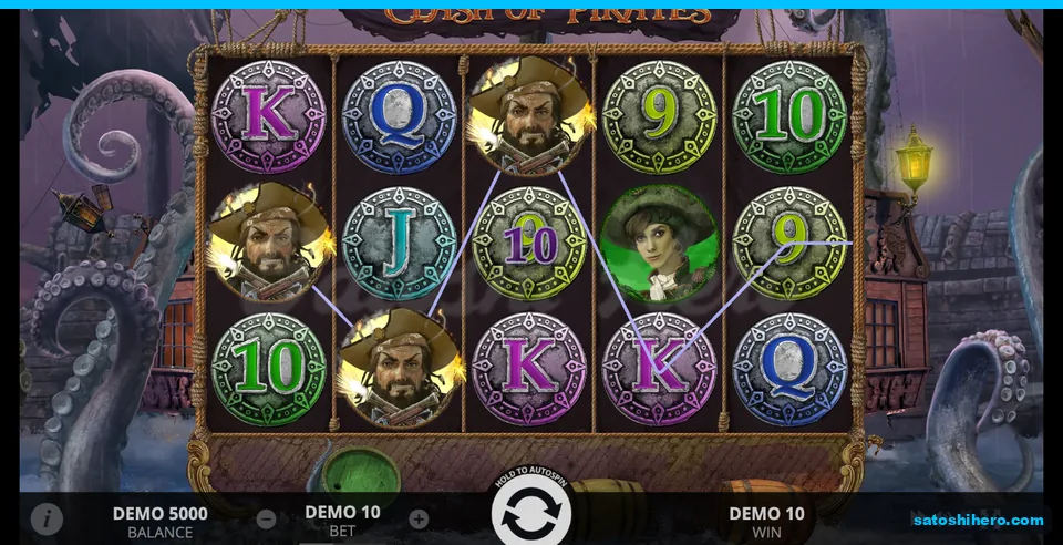 10 DEMO win shown across three connected Blackbeard symbols