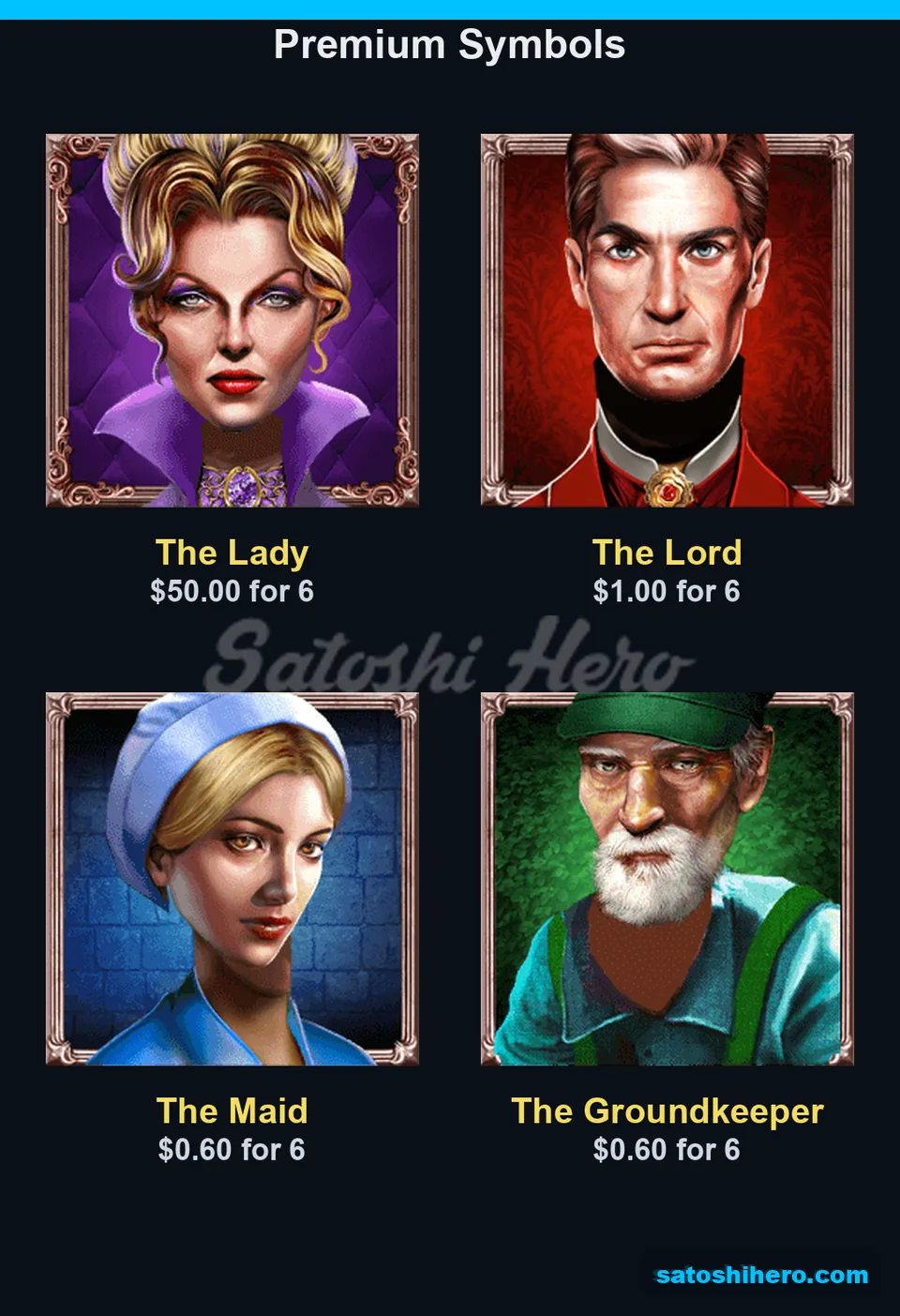 Portrait tiles showing six-of-a-kind pay values