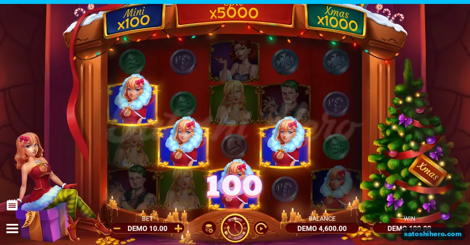 100.00 win shown beneath four lit Santa girl portraits