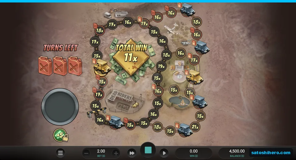 Trail board shows 15x tiles and fuel cans