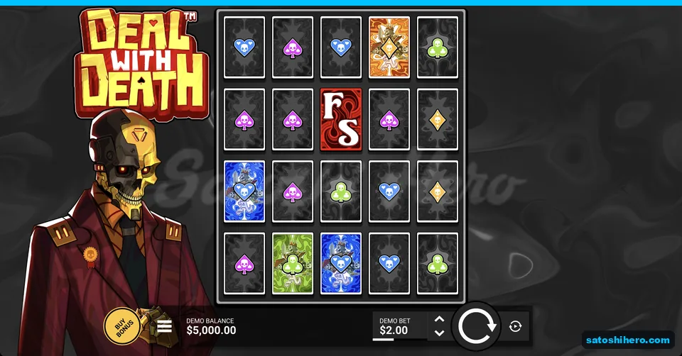 Card-back grid beside gold-masked skeleton dealer