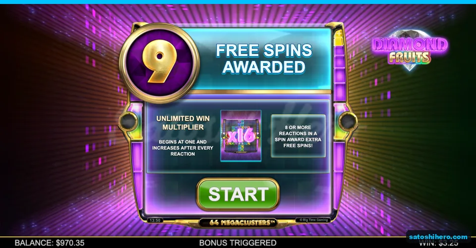 Award card showing nine free spins
