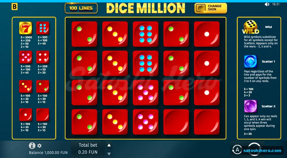 Base screen with red dice grid and pay panels