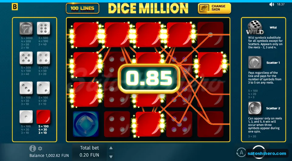 Win screen with glowing red dice lines and 0.85 total