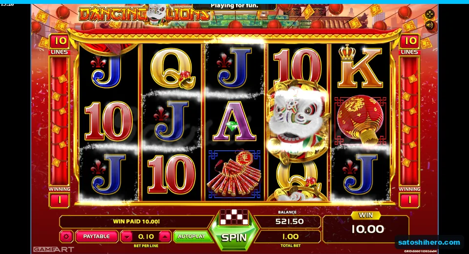 10.00 win shown with highlighted line and lion Wild
