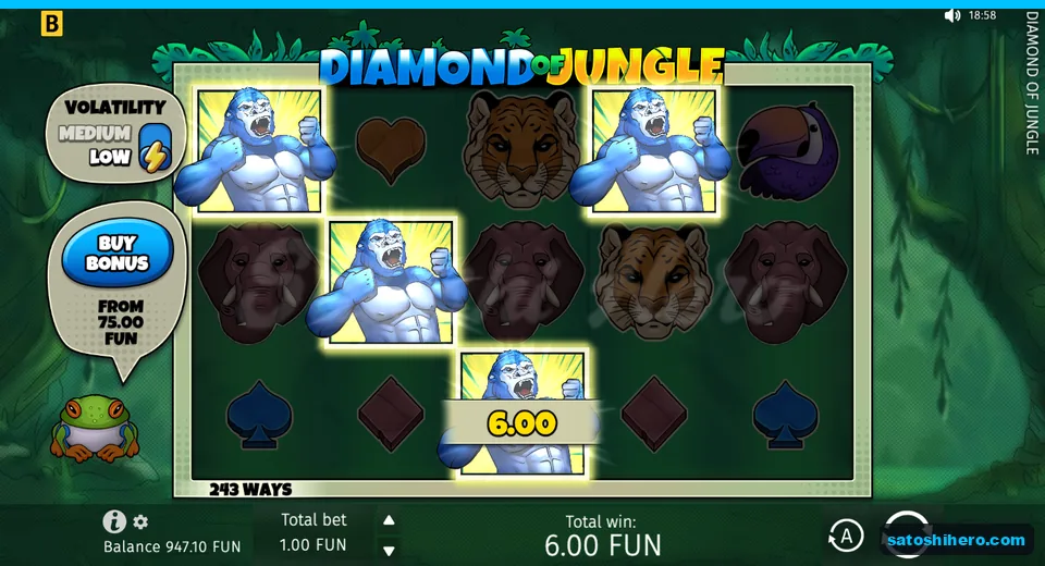 Reel screen with highlighted gorillas and 6.00 FUN win
