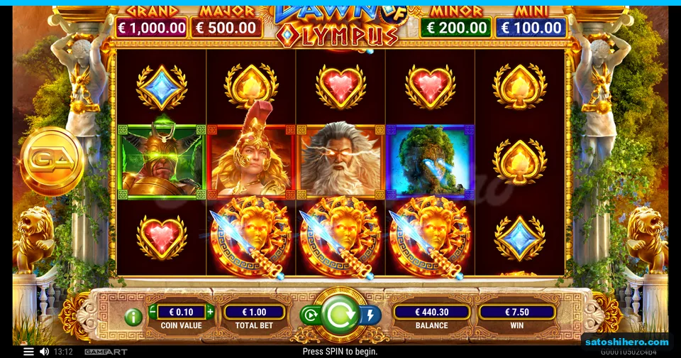 $7.50 win shown beneath three Medusa shield symbols