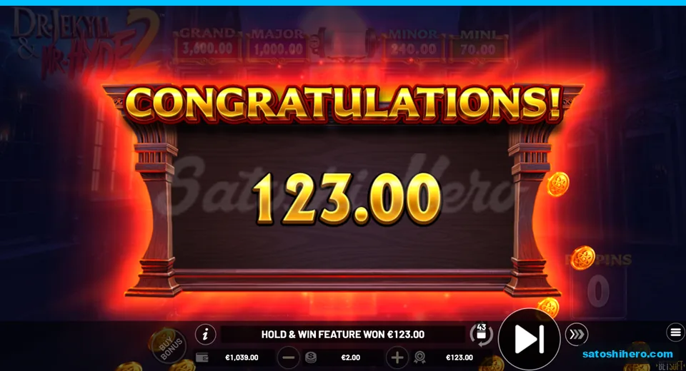 123.00 win shown after Hold and Win respins end