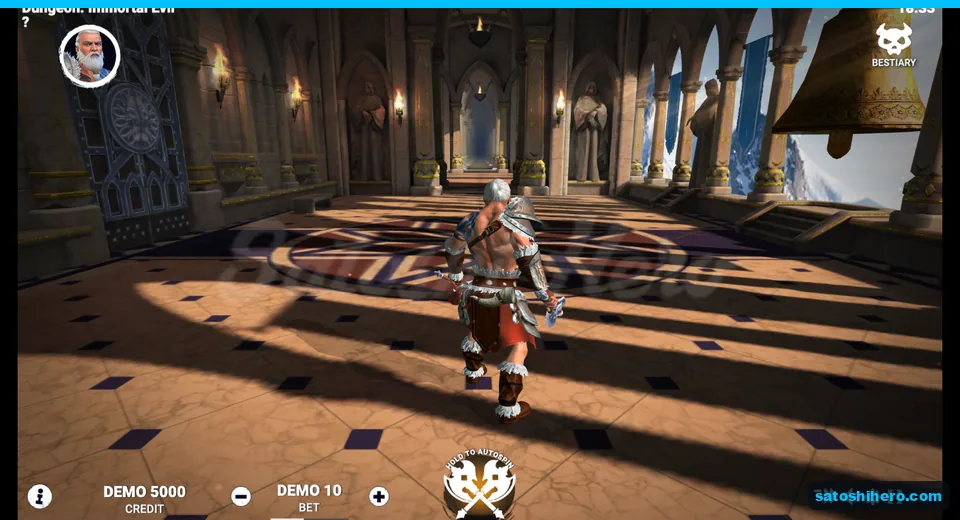5,000 balance displayed beside the hero in a torch-lit hall