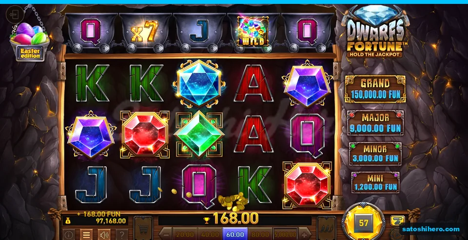 Board showing five Queens, x7 cart, Wild and 168.00 FUN