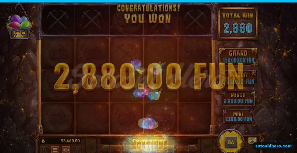 Board payout panel showing 2,880.00 FUN and Continue button