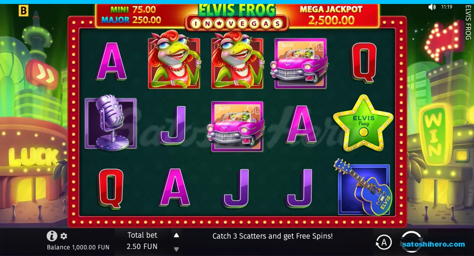 Base screen showing the neon-framed five-reel board