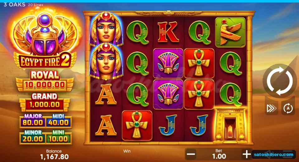 Board at rest with stacked queen wilds and jackpot plaques