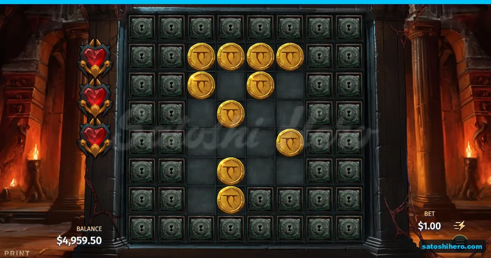 Treasure grid with coins locked tiles and three hearts