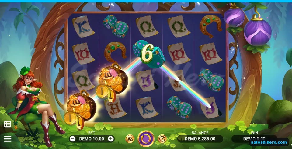 $6.00 dice win with rainbow beams and pot-of-gold Wilds