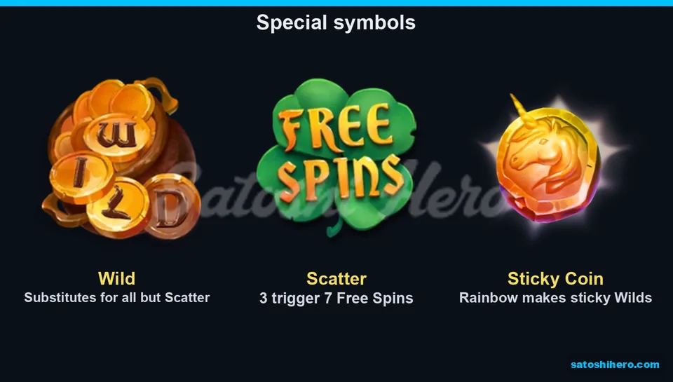 Three special symbols showing Wild, Scatter and Sticky Coin notes