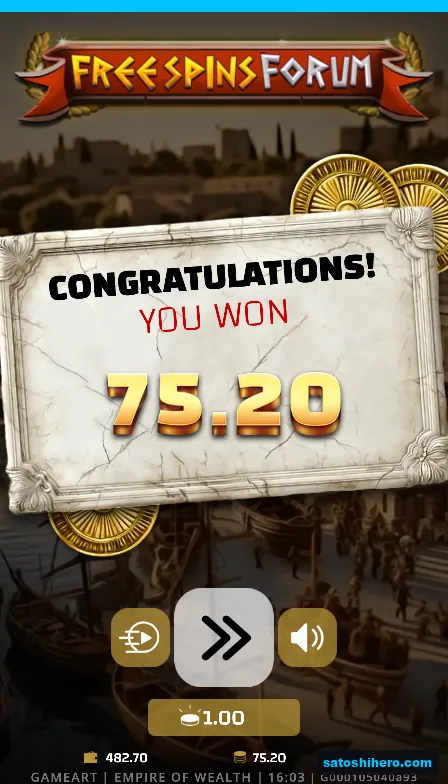 $75.20 shown on the completed free spins tablet