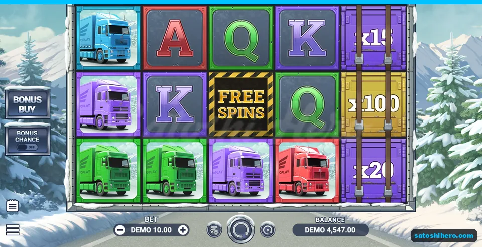 Five-reel grid settled with trucks, letters and multiplier crates