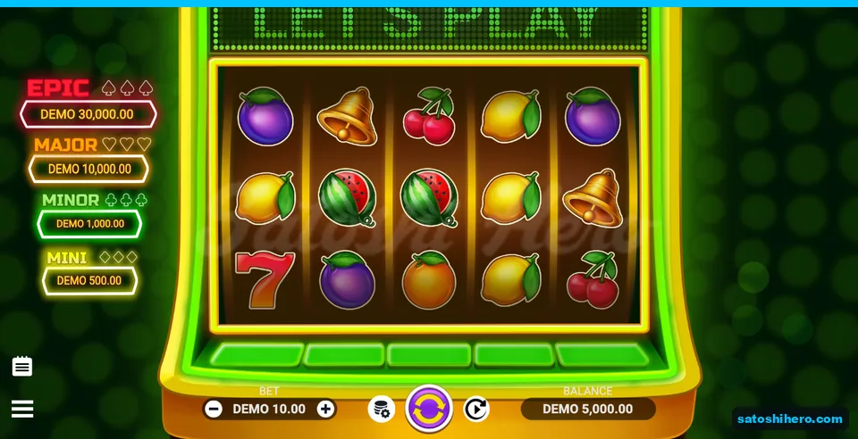 5,000.00 DEMO balance beside fruit reels and jackpot panel