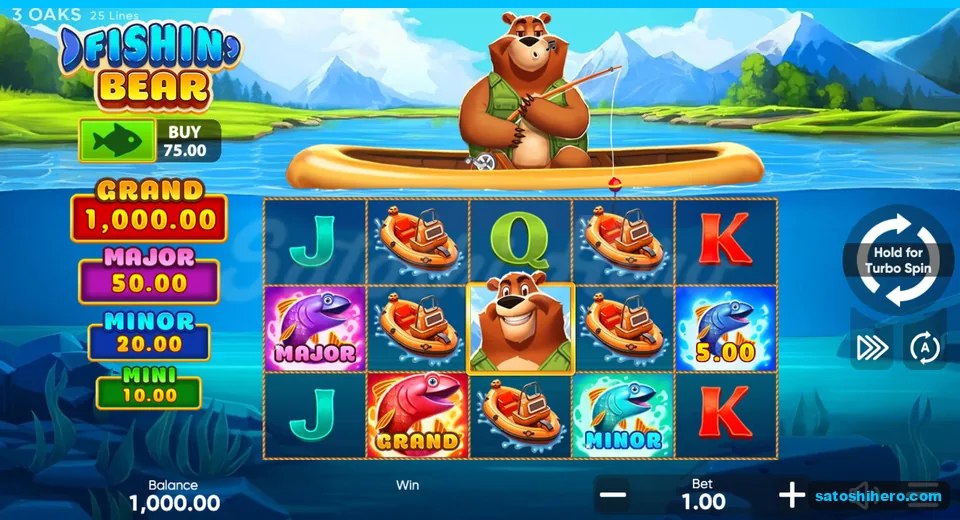 Board at rest with canoe bear, reels, and jackpot panel