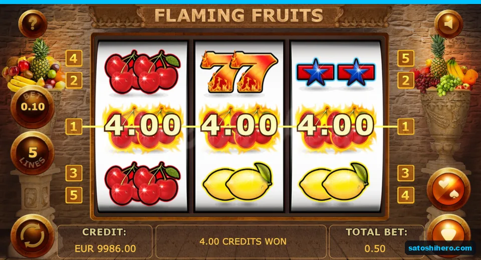 Three flaming cherries showing a 4.00 line win