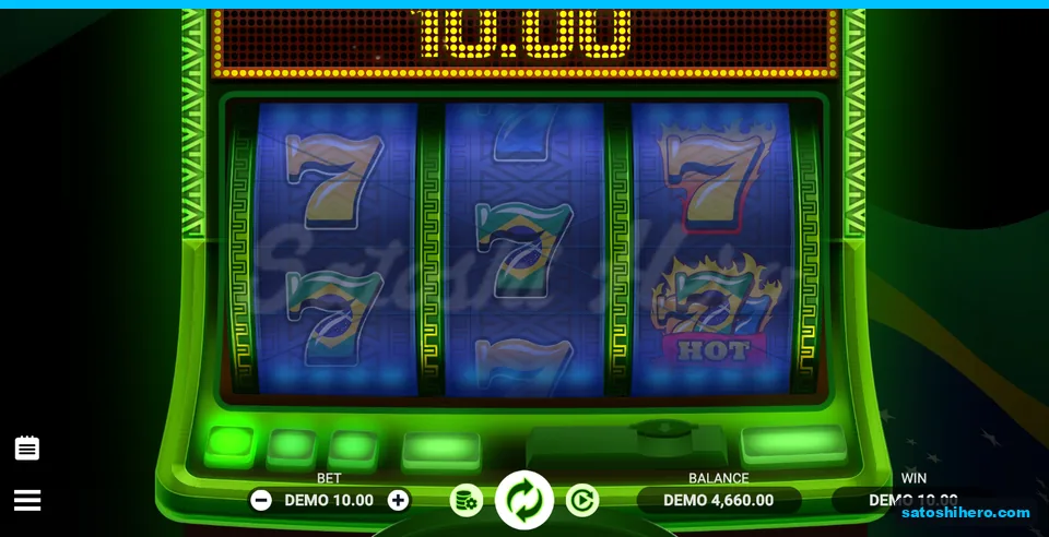 10.00 DEMO win shown on the settled three-reel board