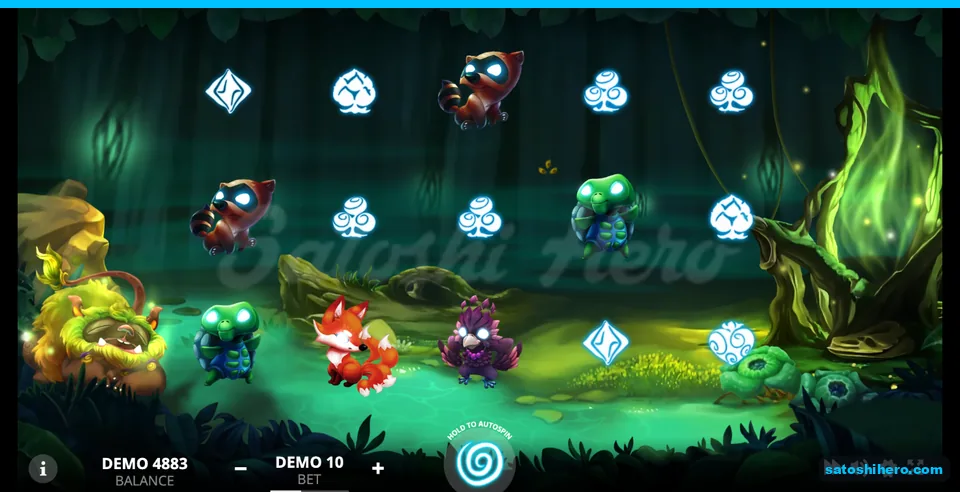 5-reel board resting with woodland animals and pale-blue suit glyphs