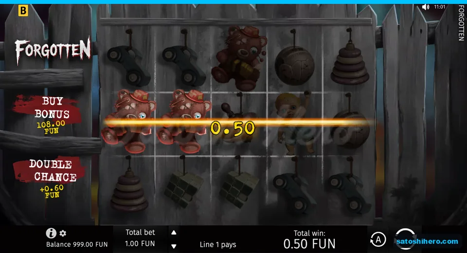 Win panel with teddy bears and 0.50 FUN