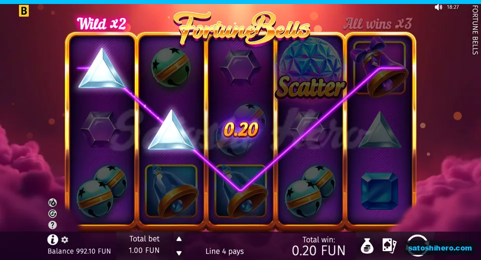 Win panel showing V-shaped line four payout