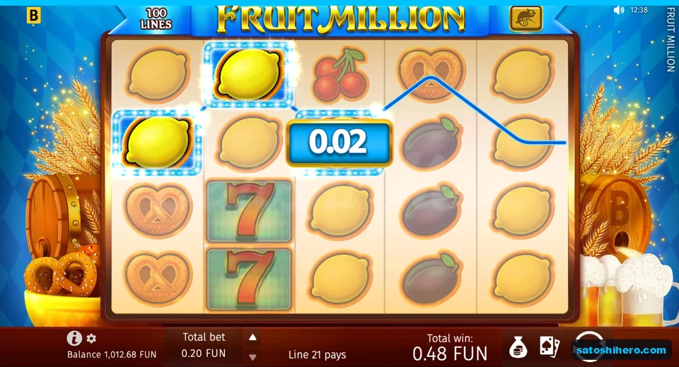 Win screen showing three lemons and 0.48 FUN