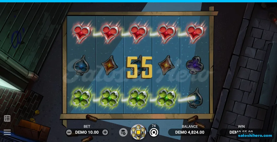 55.00 win with hearts and clovers lit across two rows