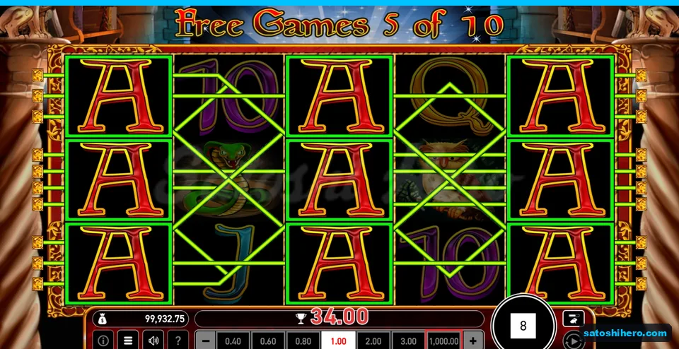 Board filled with Ace reels and green paylines during free spin five