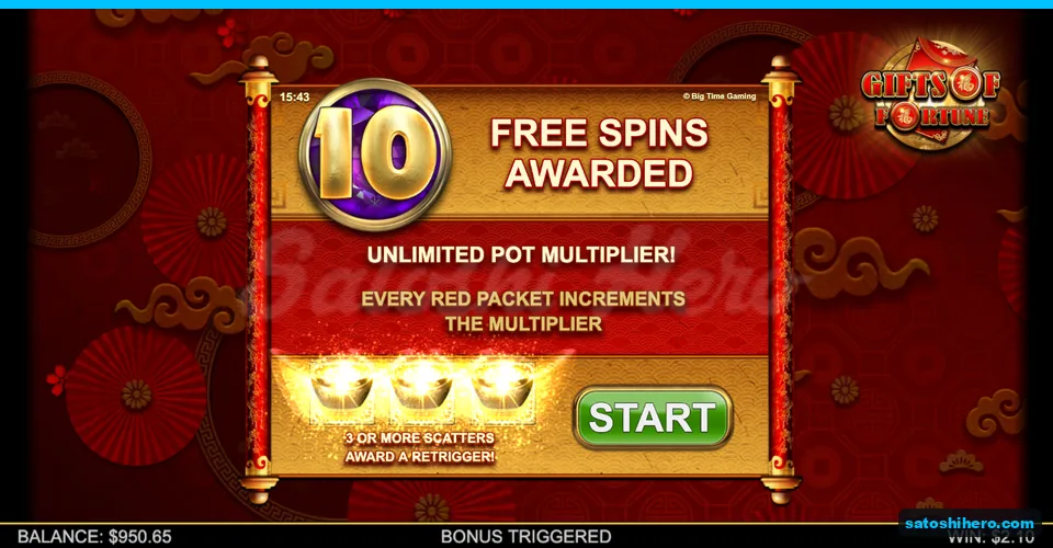 Award card showing ten free spins