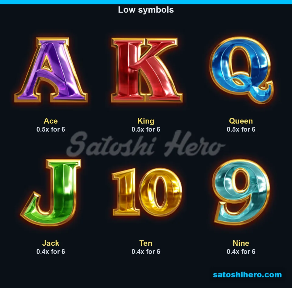 Six low card symbols with pay values