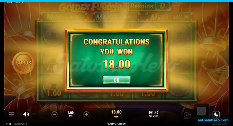 $18.00 win displayed over the dimmed coin grid