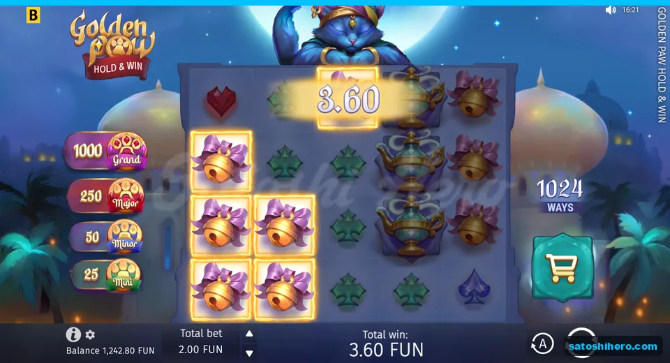 Win panel showing four glowing bell symbols