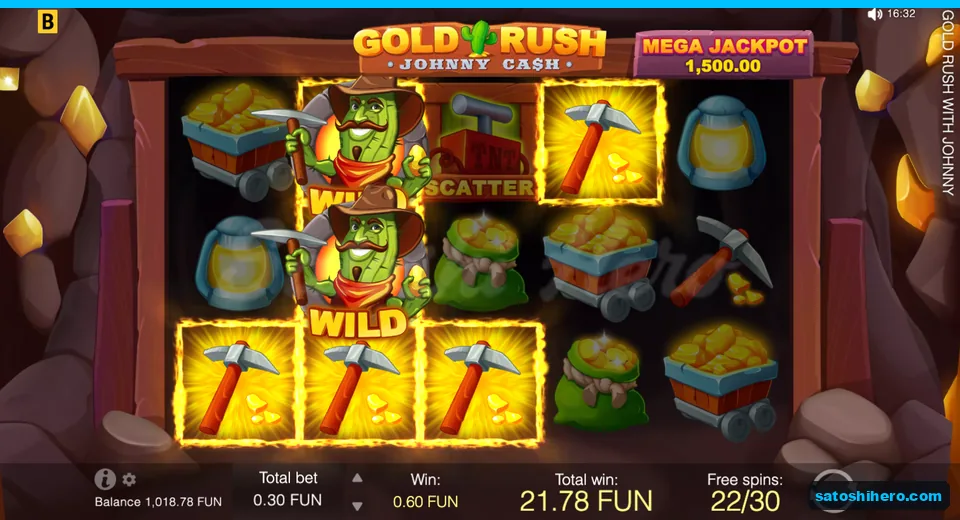 Free spins screen with stacked Wilds and pickaxes