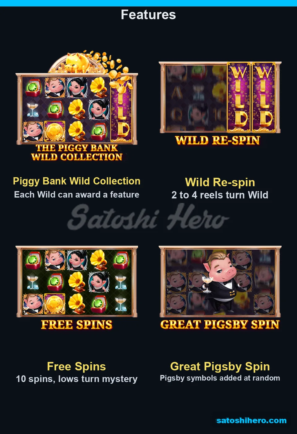 Feature panels show four game modes