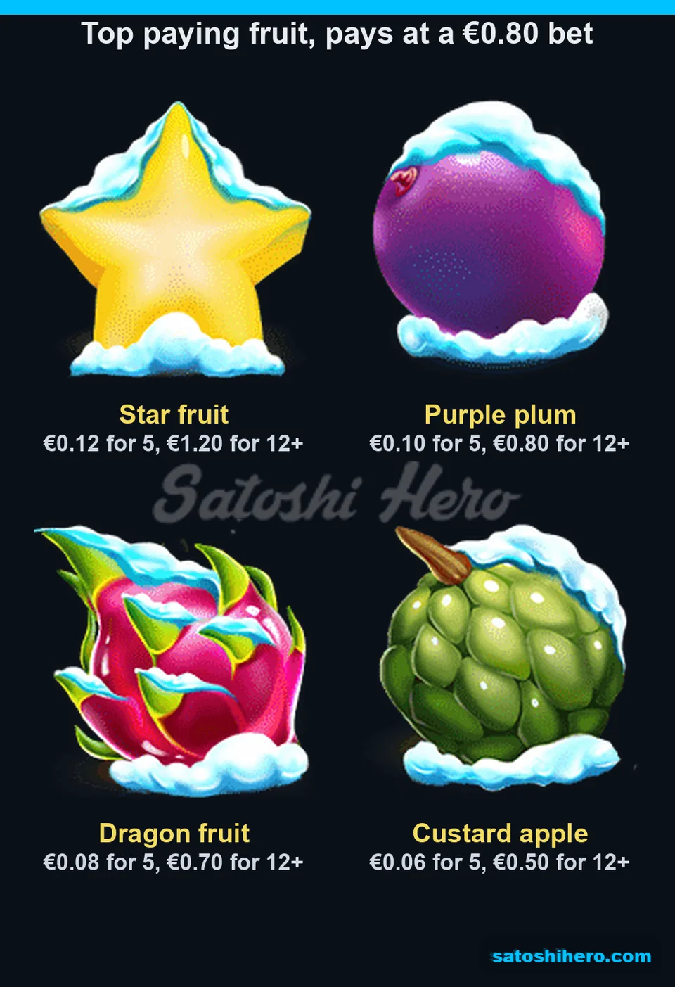 $0.80 paytable shows four highest-paying snow-capped fruit symbols