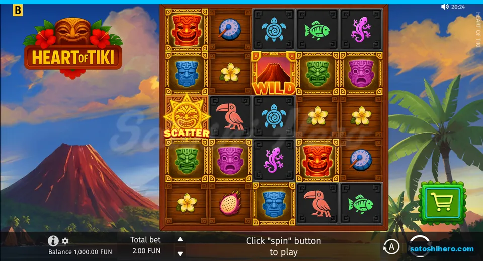 Screen showing tiki masks, volcano Wild, and tropical symbols