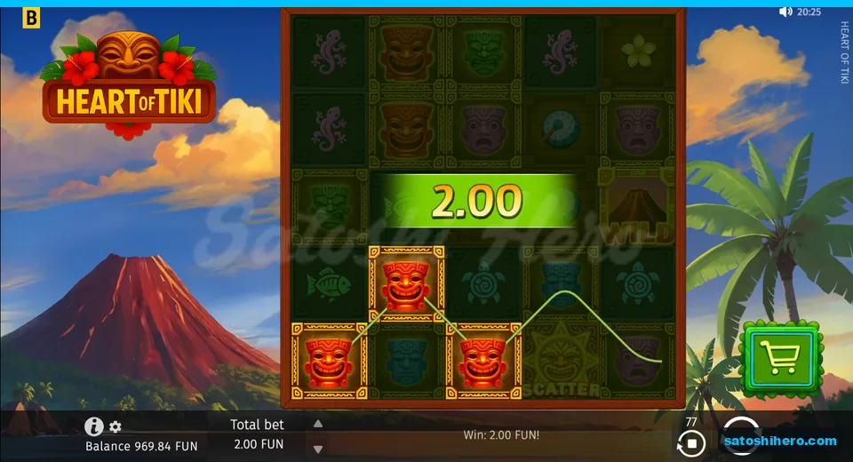 Win screen showing three Red Tikis and 2.00 FUN payout