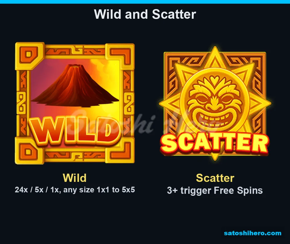 Info screen showing volcano Wild and sun mask Scatter symbols