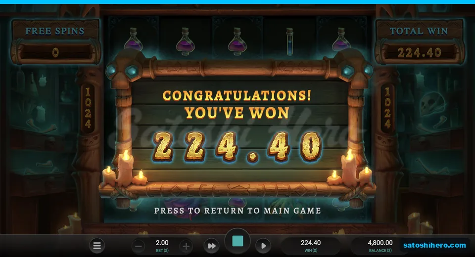 Collect sign shows a $224.40 final payout