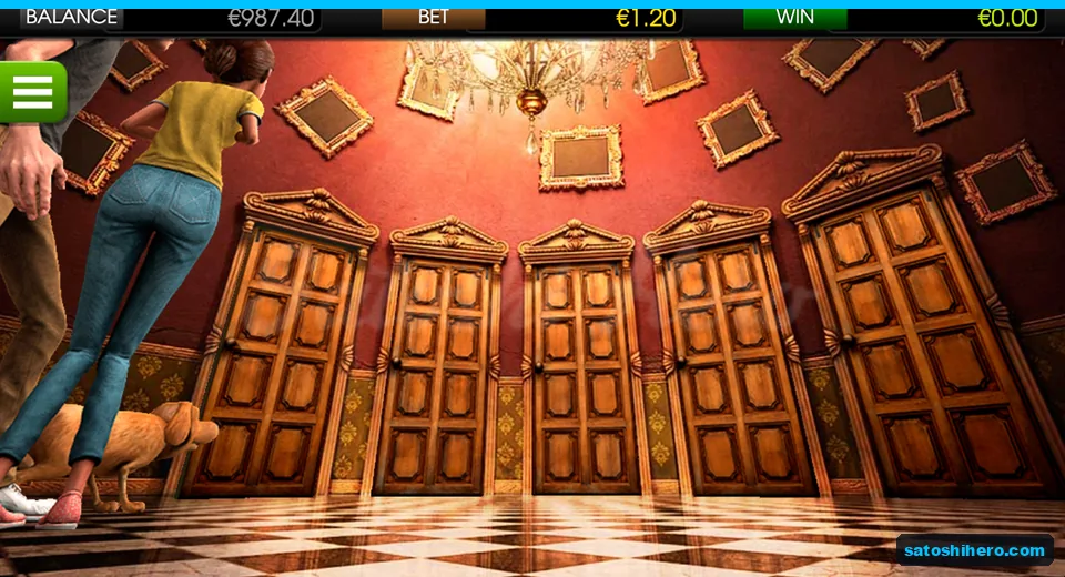 Five wooden doors wait in red hallway