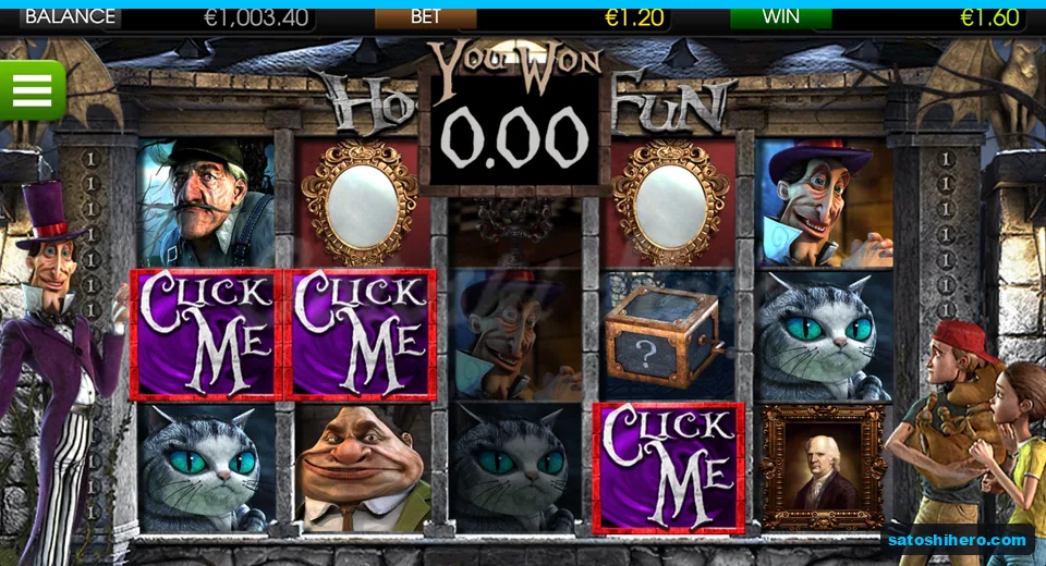 Three purple Click Me tiles sit on reels