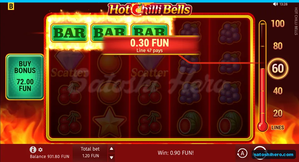 Screen showing BAR line win and total