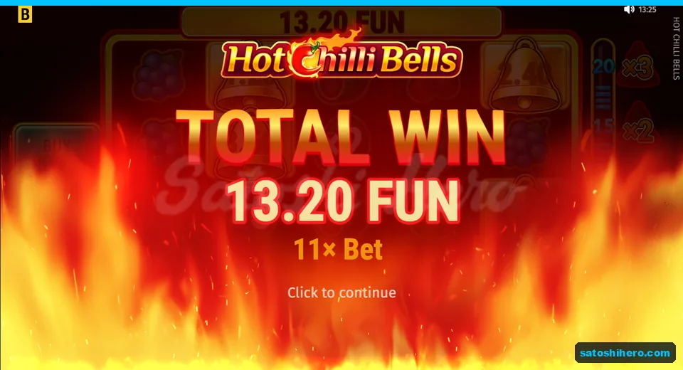 Total win screen showing 13.20 FUN