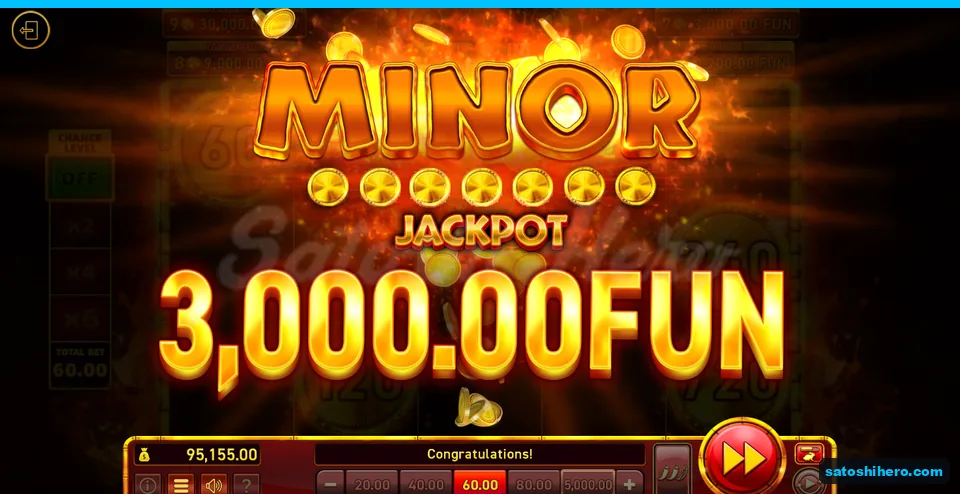 Board covered by MINOR jackpot banner showing 3,000.00 FUN
