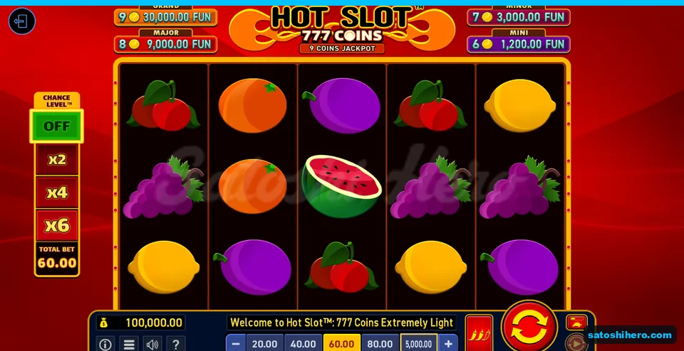 Board at rest with fruit symbols and jackpot plaques