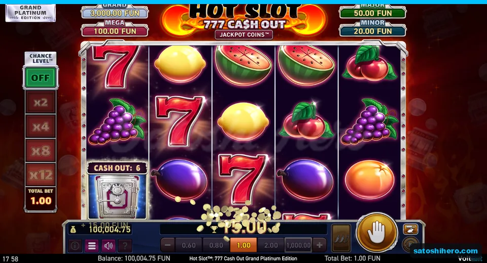 Board showing red sevens, sticky safe, and 15.00 win